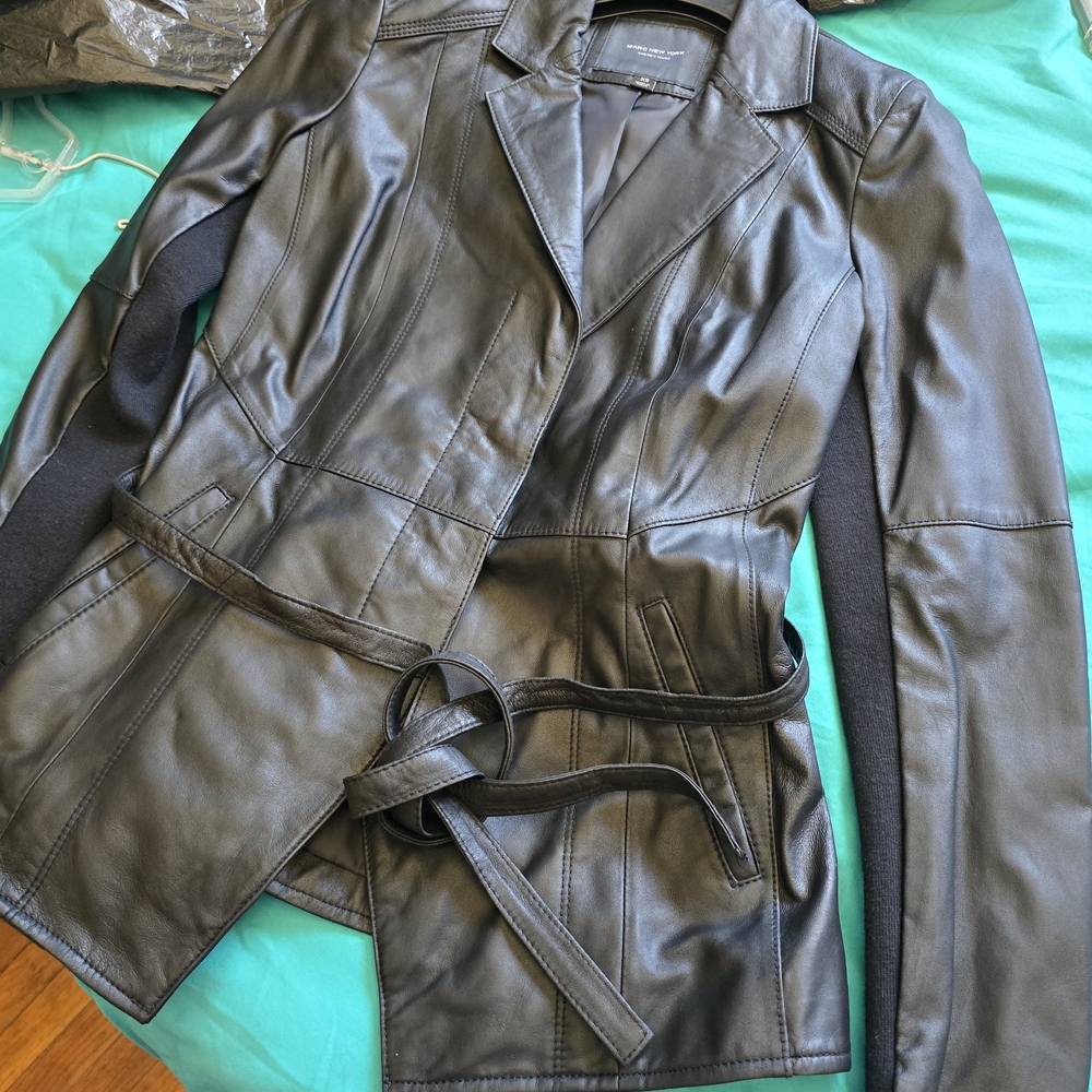 Andrew Marc Black Leather Trench Coat